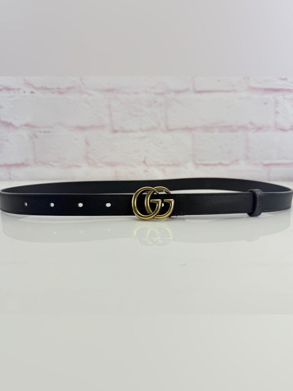 Gucci Gg Marmont Slim Black Leather Double G Belt Gold Buckle 409417 80/32